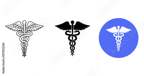 Caduceus symbols in black and blue on white background for medical design