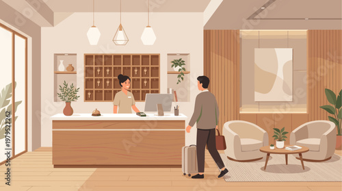 A friendly female receptionist greets a male guest carrying luggage at a hotel reception desk in a modern lobby with warm, neutral tones.