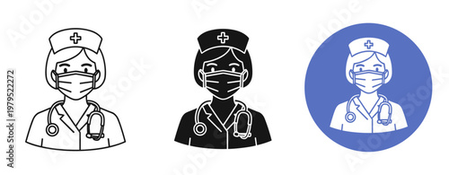 Nurse icons: female healthcare worker with mask and stethoscope in black, white, and blue variants