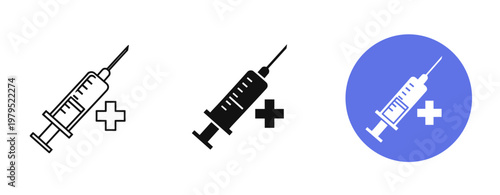 Medical syringe icons with plus sign in various styles