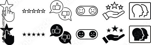 Feedback and rating vector icon set including stars and hand gestures for customer experience evaluation with thumb up and thumb down icons plus user review symbols.