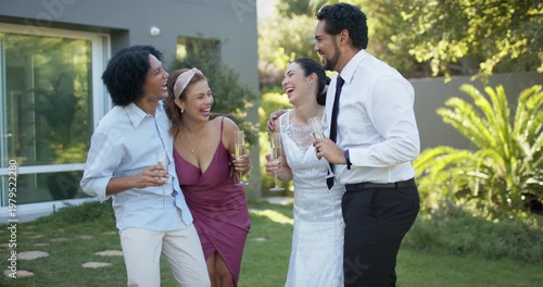 African American newlyweds, magenta dress friend raising flute, clinking flutes in yard for wedding