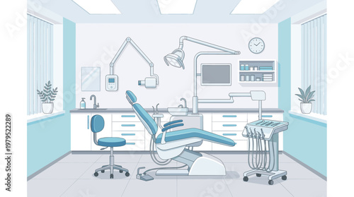 A clean and modern dental examination room with a comfortable chair, dental tools, and bright lighting, perfect for medical or healthcare-related concepts.
