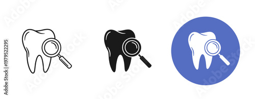 Magnifying glass focused on tooth outline icon set on white background