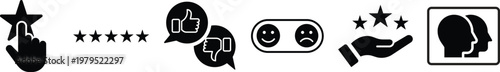 Customer feedback and satisfaction rating icons featuring star selection hand thumbs up down bubbles emotional faces and service quality assessment symbols set flat.
