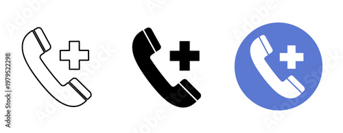 Emergency phone icon set: black, white, and blue variations