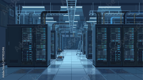 A high-tech data center filled with rows of server racks, glowing lights, and intricate cabling under cool blue lighting, suggesting advanced technology and infrastructure.