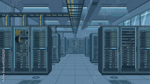 Rows of server racks with blinking lights and organized cables fill a modern data center, creating a sense of advanced technology and digital infrastructure.