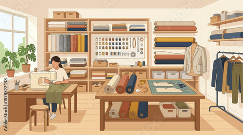 A woman is using a sewing machine in a bright and organized atelier filled with fabric rolls, patterns, and clothing on a rack.