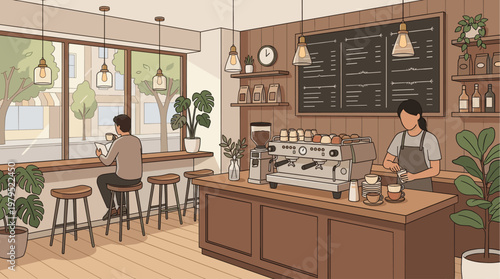 A cozy illustration of a modern cafe, featuring a barista preparing drinks, a customer enjoying coffee by the window, and lush plants, evoking a relaxed and welcoming atmosphere.