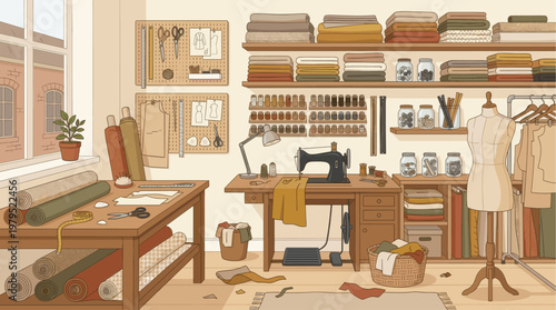 A charming illustration depicts a cozy sewing studio filled with fabric rolls, threads, a vintage sewing machine, and a dress form, suggesting a creative crafting space.