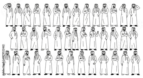 Group of men in traditional Arab attire standing together in a line.