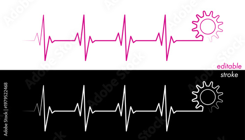 Editable lines heart rhythm illustration set with gear cogwheel, heartbeat line vector design to use for healthcare, business, healthy lifestyle, medicine and ekg concept illustration projects.