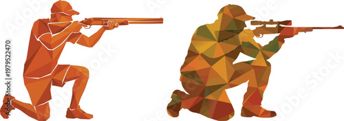 Low poly hunter and shooter silhouettes aiming rifles while kneeling isolated on white background for hunting and sport concept
