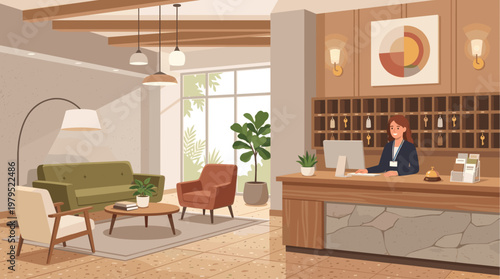 A friendly female receptionist is attending to guests at a hotel counter, with a wall of keys in the background and a comfortable waiting area.