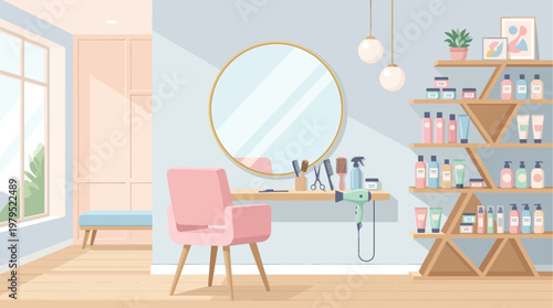 A clean, modern hair salon interior features a pink styling chair, a round mirror, shelves filled with beauty products, and a large window with natural light.
