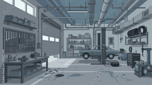 This illustrative vector art depicts a detailed car repair garage interior, featuring a car on a lift, tools, and organized shelves, suggesting maintenance and service.