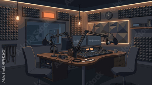 A modern radio broadcasting studio with professional microphones, dual monitors displaying soundwaves, audio mixing console, and chairs under warm lighting.