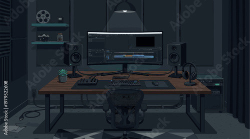 A modern computer workstation with editing software on screen, speakers, and headphones sits on a desk in a dimly lit room at night.