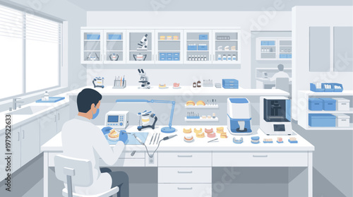 A dental technician meticulously crafts prosthetics in a bright, organized laboratory filled with modern equipment and dental molds.