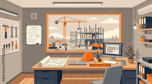 An architect's desk with blueprints, tools, and computer overlooks a construction site with cranes and workers, symbolizing planning and development.