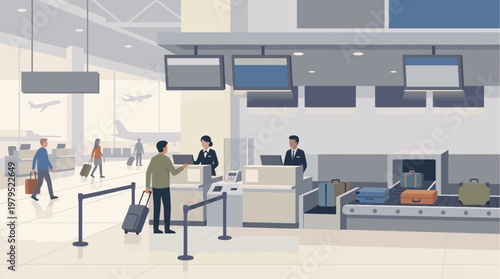 Travelers at an airport check-in counter with staff and luggage on a conveyor belt, featuring a modern and minimalist design with soft, neutral colors.