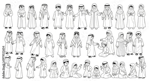 Group of men in traditional Arab clothing, black and white sketch.