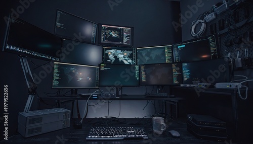 Cyber Command Center: The digital command center, showcasing an array of monitors displaying complex data analysis, illuminating the core of technological expertise and strategic insight. 
