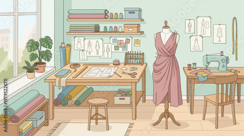A bright, cheerful illustration of a sewing studio filled with fabric rolls, a dress form displaying a pink garment, and various sewing tools, ideal for fashion design or craft themes.