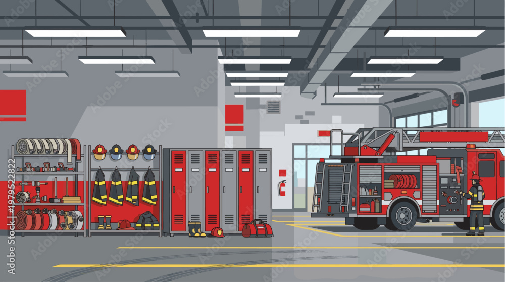 Fototapeta premium A detailed illustration of a fire station interior featuring a fire truck, lockers, and various firefighting equipment, evoking a sense of readiness and safety.