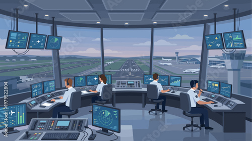 A view from inside an air traffic control room overlooking an airport runway at dusk with controllers working at their consoles.