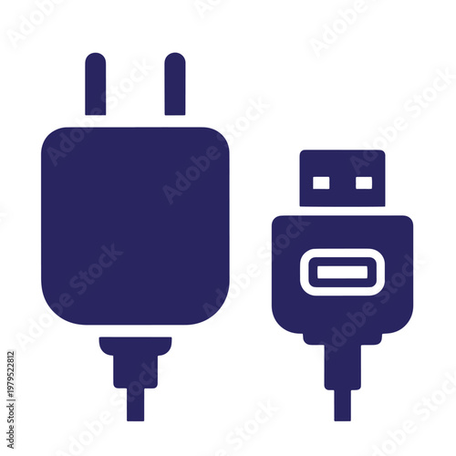 Dark blue power adapter and usb connector on white background, plug