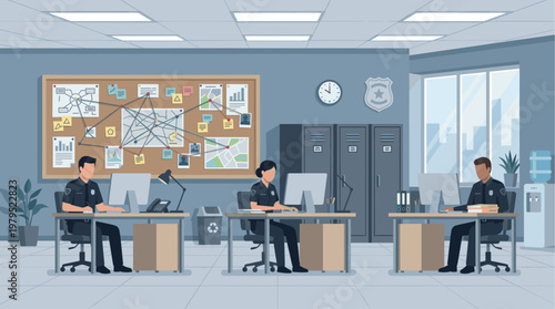 Three police officers work in a modern investigation room, with a crime board, computers, and lockers, suggesting teamwork and data analysis.