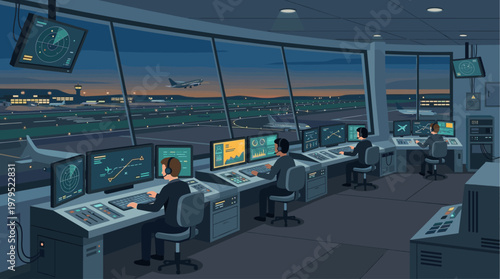 Controllers monitor radar screens and flight data in a dimly lit control room overlooking an airport runway at dusk, with planes taking off and landing.