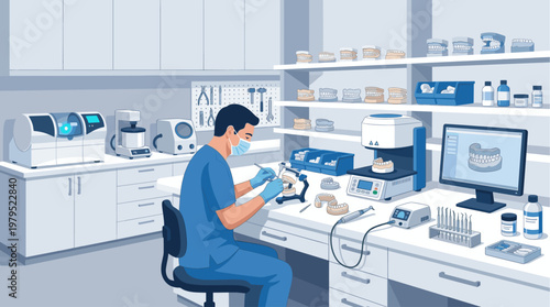 A male dental technician wearing a mask and gloves works diligently in a well-equipped laboratory, crafting dental prosthetics with precision tools and modern equipment.