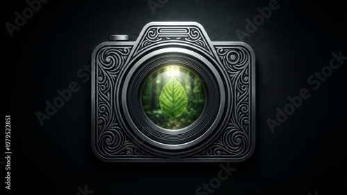 Vintage Camera Lens Focused on Green Leaf with Nature Reflection