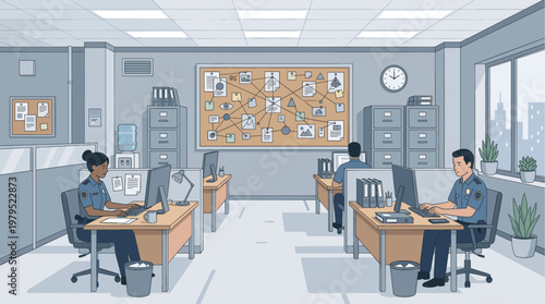 Detectives in a modern office setting analyze evidence on a corkboard and computers, illustrating an investigation or crime scene analysis.