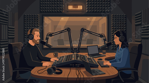 Two people wearing headphones are in a soundproof studio, each with a microphone and a mixing board, broadcasting on the radio.