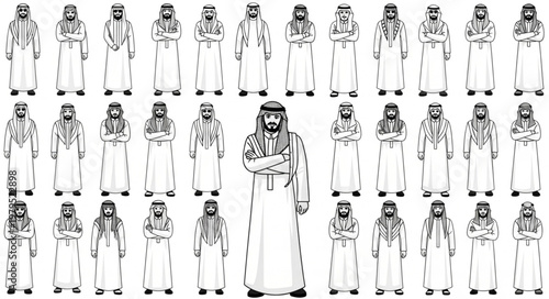 Group of men in traditional Arab clothing standing together in a line.
