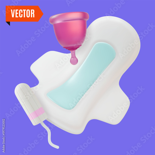 3d Color Women Health Concept Hygiene Pads, Cotton Tampon and Menstrual Cup Set Cartoon Design Style. Vector illustration of Female Intimate Hygiene Sanitary Item