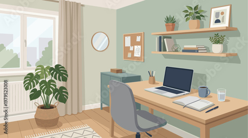 A bright and airy home office scene featuring a wooden desk with a laptop, notebook, and coffee cup, complemented by lush green plants and a large window.