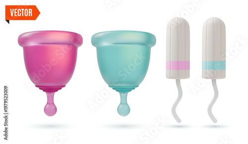 3d Color Women Health Concept Cotton Tampon and Menstrual Cup Set Cartoon Design Style. Vector illustration of Female Intimate Hygiene Sanitary Item
