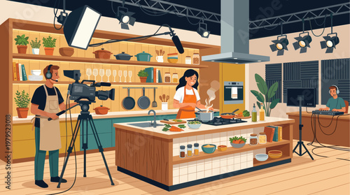 A woman cooks on a stovetop in a kitchen set while a camera operator films and a sound technician monitors.