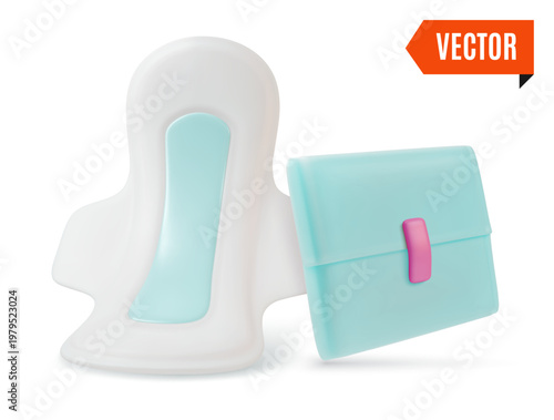 3d Color Women Health Concept Hygiene Pads and Package Set Cartoon Design Style Isolated on a White Background. Vector illustration
