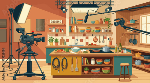 A vibrant, cartoonish kitchen set designed for a cooking show, complete with cameras, lights, microphones, and ingredients.