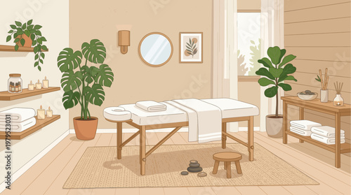 A tranquil spa room interior features a wooden massage table, plants, candles, and stacks of clean towels creating a serene and relaxing atmosphere.