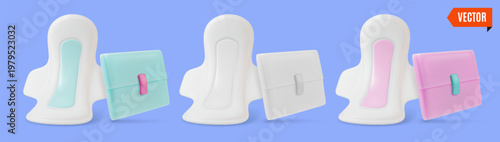 3d Color Women Health Concept Different Hygiene Pads and Package Set Cartoon Design Style. Vector illustration