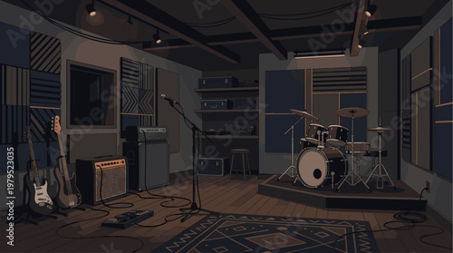 A dimly lit, stylized illustration of a music recording studio, complete with a drum kit, guitars, amplifiers, microphone, and soundproofing panels.