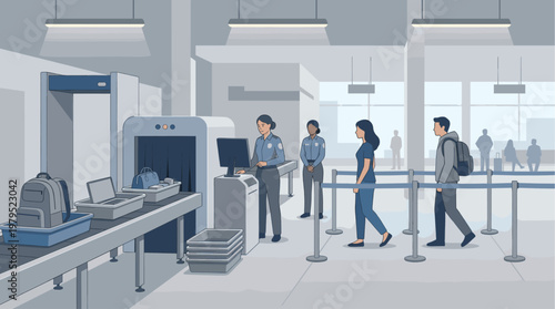 Modern airport security line with uniformed officers checking bags and passengers passing through scanners, conveying order and travel.