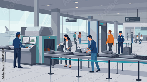 People go through airport security screening with X-ray machines, metal detectors, and security personnel in a modern terminal.